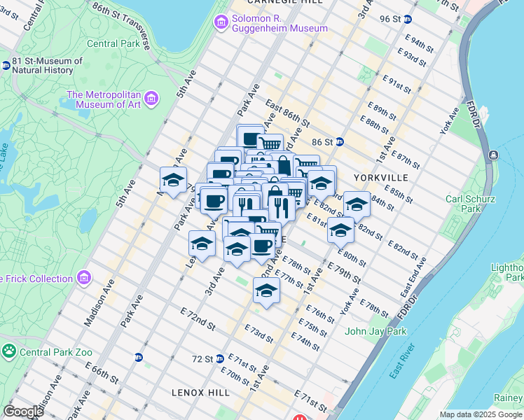 map of restaurants, bars, coffee shops, grocery stores, and more near 200 East 80th Street in New York