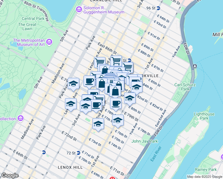 map of restaurants, bars, coffee shops, grocery stores, and more near 274 East 81st Street in New York