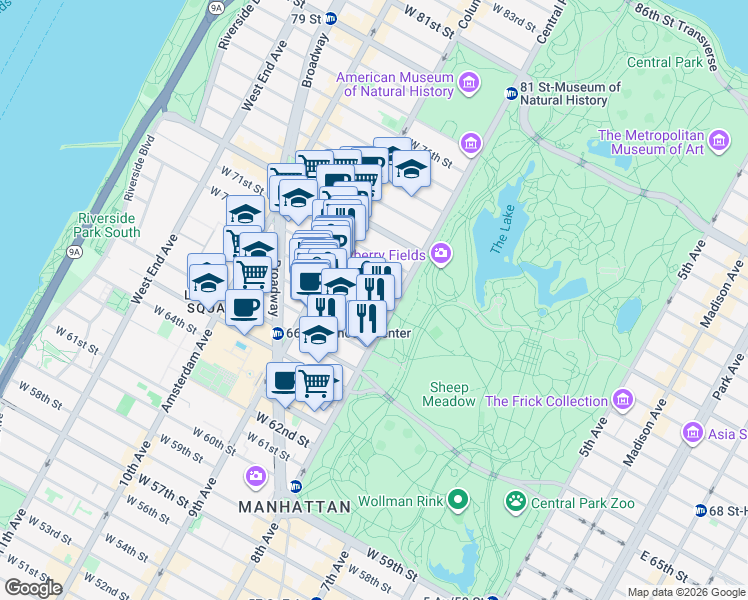 map of restaurants, bars, coffee shops, grocery stores, and more near 11 West 69th Street in New York