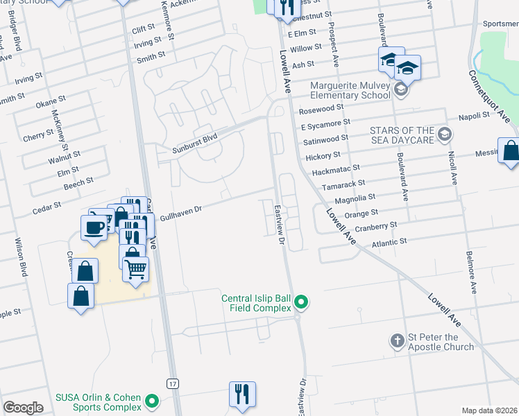 map of restaurants, bars, coffee shops, grocery stores, and more near 125 Maya Circle in Central Islip
