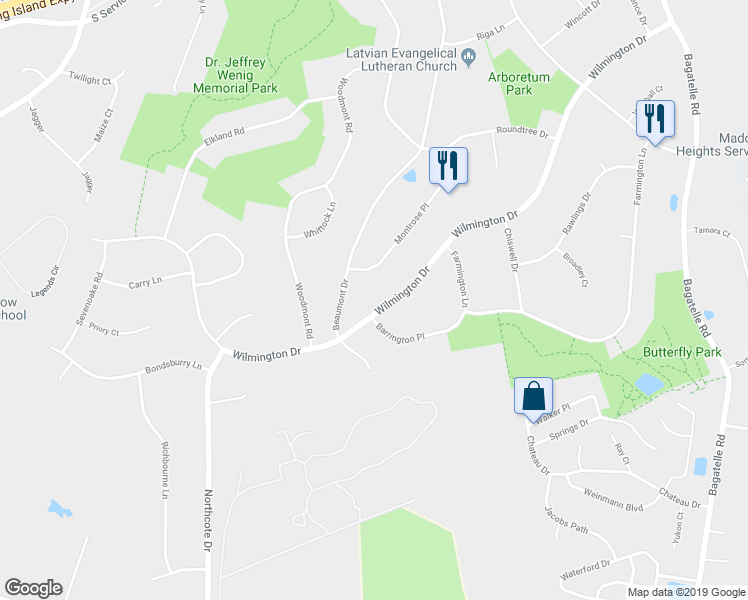 map of restaurants, bars, coffee shops, grocery stores, and more near 71 Wilmington Drive in Melville