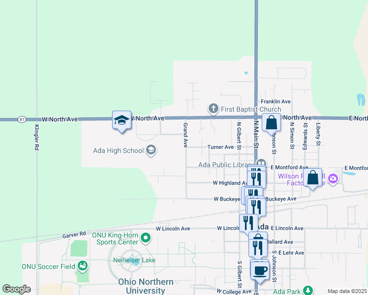 map of restaurants, bars, coffee shops, grocery stores, and more near 435 Grand Avenue in Ada