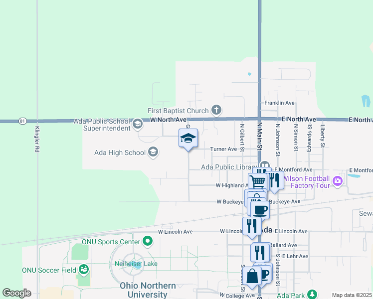 map of restaurants, bars, coffee shops, grocery stores, and more near 435 Grand Avenue in Ada