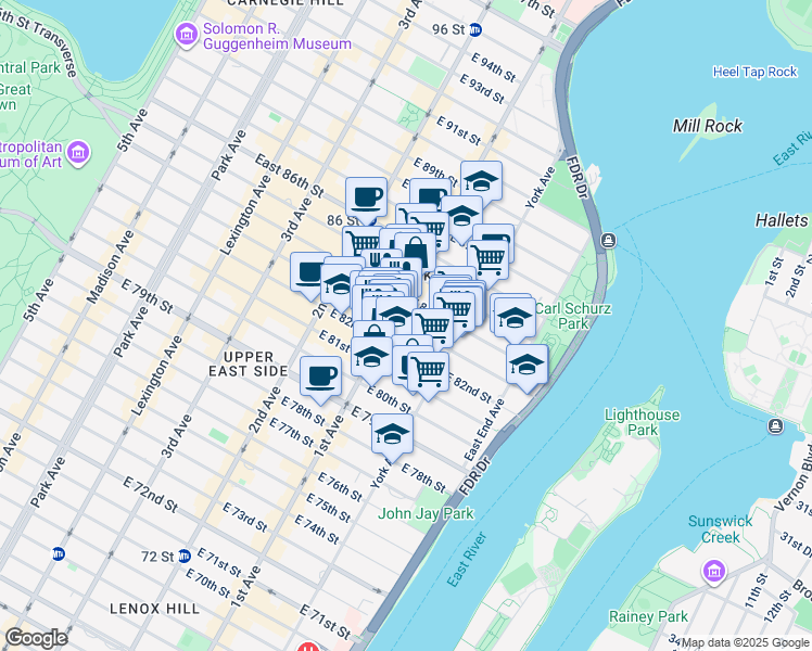 map of restaurants, bars, coffee shops, grocery stores, and more near 409 East 83rd Street in New York