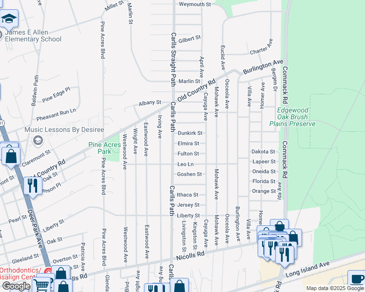map of restaurants, bars, coffee shops, grocery stores, and more near 18 Elmira Street in Deer Park