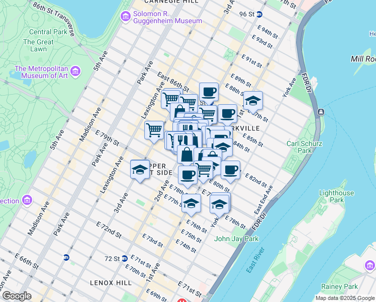 map of restaurants, bars, coffee shops, grocery stores, and more near 1566 2nd Avenue in New York