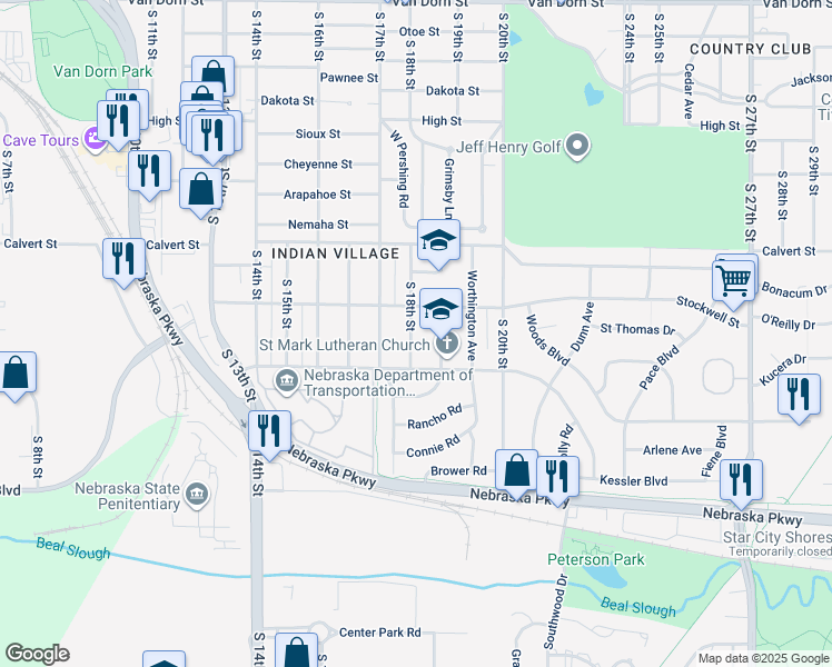 map of restaurants, bars, coffee shops, grocery stores, and more near 3840 South 18th Street in Lincoln
