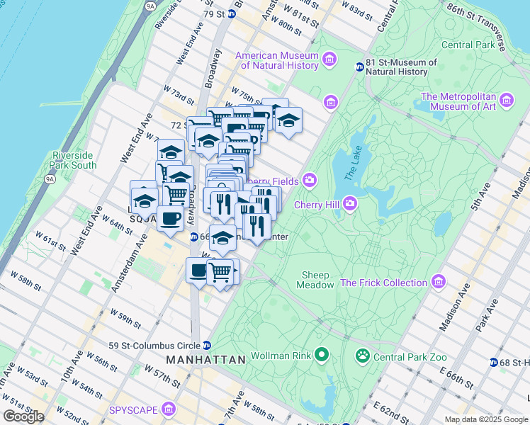 map of restaurants, bars, coffee shops, grocery stores, and more near 9 West 69th Street in New York