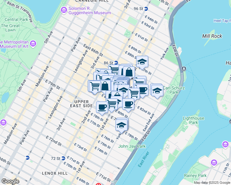 map of restaurants, bars, coffee shops, grocery stores, and more near 347 East 82nd Street in New York