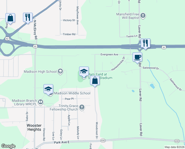 map of restaurants, bars, coffee shops, grocery stores, and more near 735 Woodcrest Drive in Mansfield