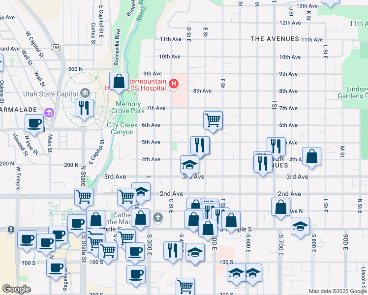 map of restaurants, bars, coffee shops, grocery stores, and more near 231 D Street in Salt Lake City
