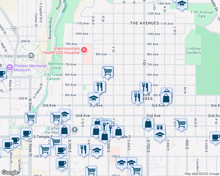 map of restaurants, bars, coffee shops, grocery stores, and more near 213 F Street East in Salt Lake City