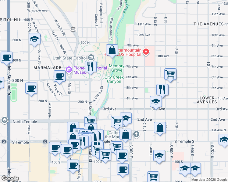 map of restaurants, bars, coffee shops, grocery stores, and more near in Salt Lake City