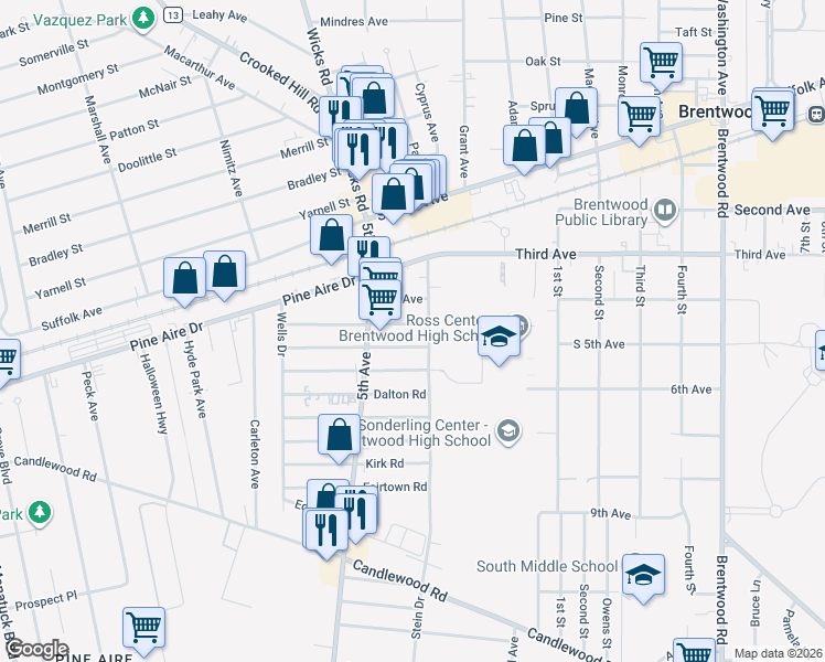 map of restaurants, bars, coffee shops, grocery stores, and more near 47 Bancroft Road in Bay Shore