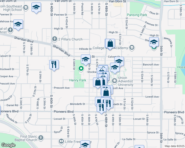 map of restaurants, bars, coffee shops, grocery stores, and more near 3835 South 47th Street in Lincoln