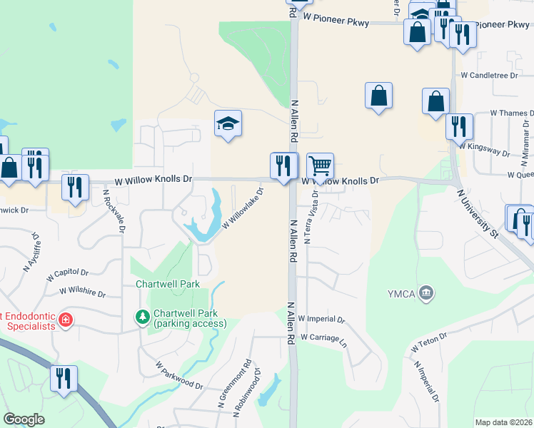 map of restaurants, bars, coffee shops, grocery stores, and more near 2626 West Willowlake Drive in Peoria
