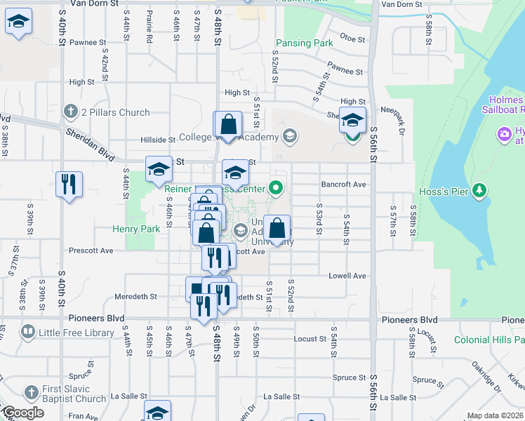 map of restaurants, bars, coffee shops, grocery stores, and more near 3745 North 51st Street in Lincoln