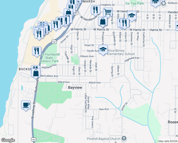 map of restaurants, bars, coffee shops, grocery stores, and more near 3571 Oregon Street in Eureka