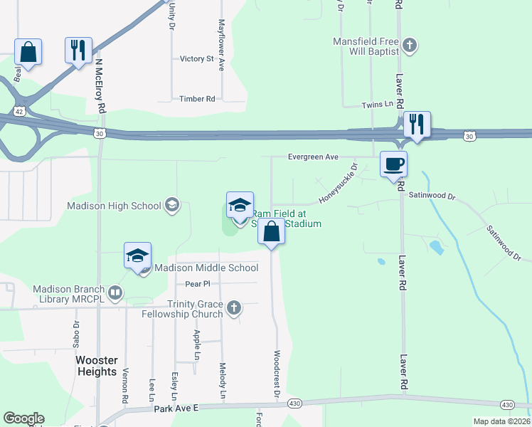 map of restaurants, bars, coffee shops, grocery stores, and more near 735 Woodcrest Drive in Mansfield