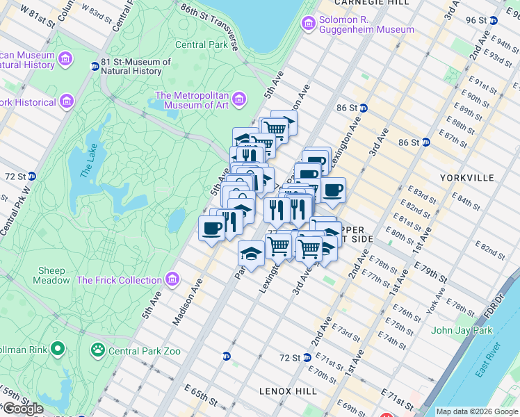 map of restaurants, bars, coffee shops, grocery stores, and more near 80 East 77th Street in New York