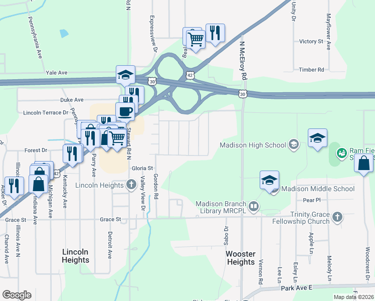 map of restaurants, bars, coffee shops, grocery stores, and more near 1238 Redman Avenue in Mansfield