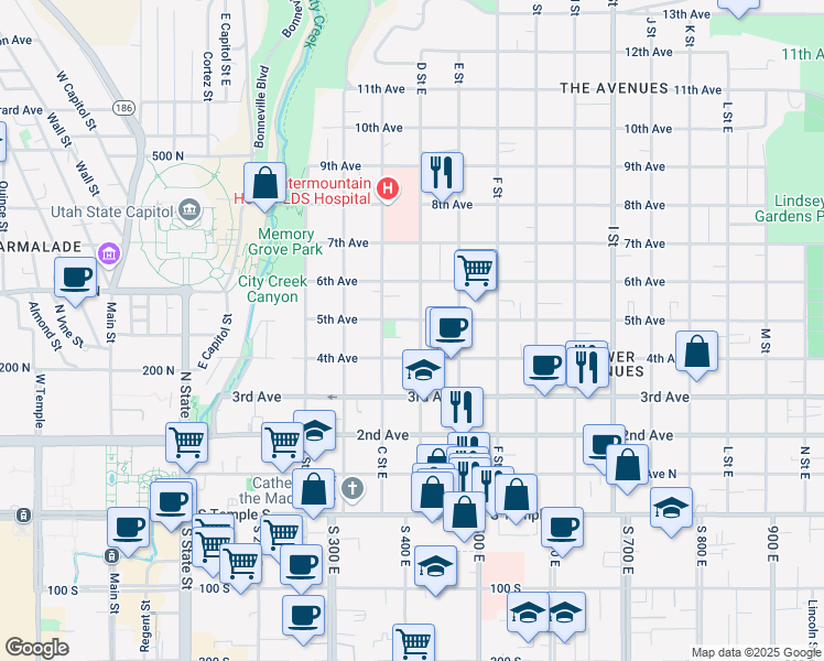 map of restaurants, bars, coffee shops, grocery stores, and more near 231 D Street in Salt Lake City