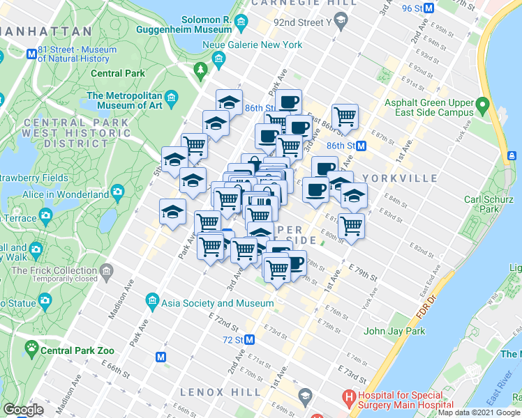 map of restaurants, bars, coffee shops, grocery stores, and more near 177 East 79th Street in New York