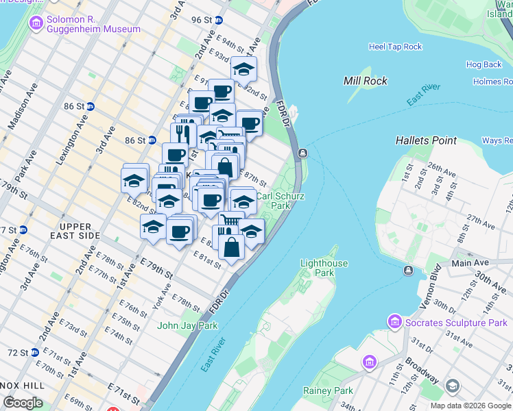 map of restaurants, bars, coffee shops, grocery stores, and more near 130 East End Avenue in New York
