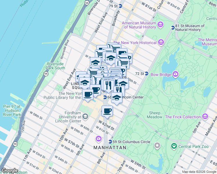 map of restaurants, bars, coffee shops, grocery stores, and more near 1992 Broadway in New York