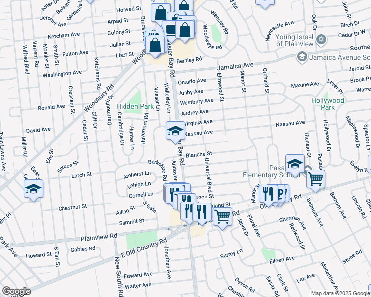 map of restaurants, bars, coffee shops, grocery stores, and more near 3 Wendell Street in Plainview