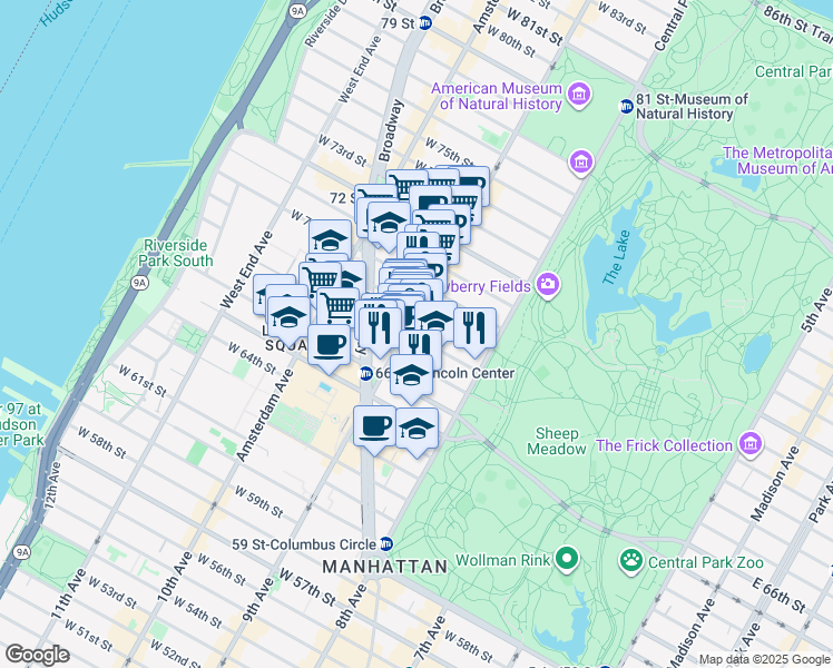 map of restaurants, bars, coffee shops, grocery stores, and more near 67 West 68th Street in New York