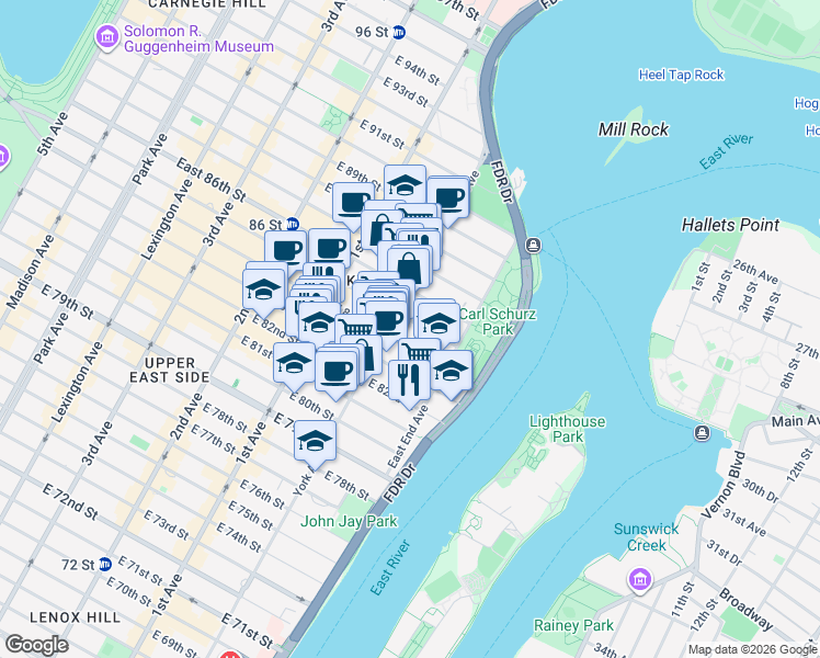 map of restaurants, bars, coffee shops, grocery stores, and more near 519 East 84th Street in New York