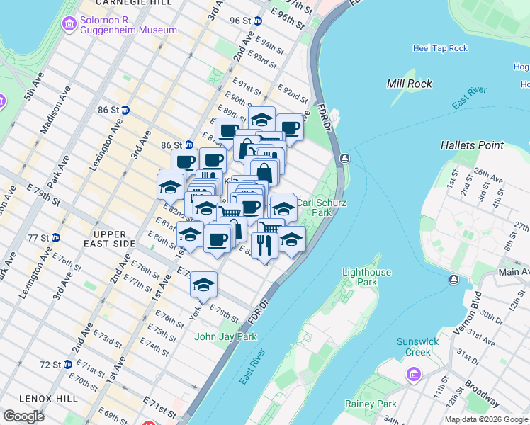map of restaurants, bars, coffee shops, grocery stores, and more near 510 East 85th Street in New York