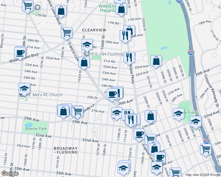 map of restaurants, bars, coffee shops, grocery stores, and more near 166-48 24th Road in Queens