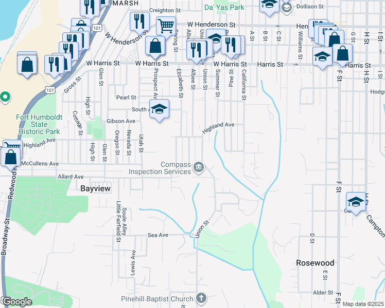 map of restaurants, bars, coffee shops, grocery stores, and more near 3573 Albee Street in Eureka