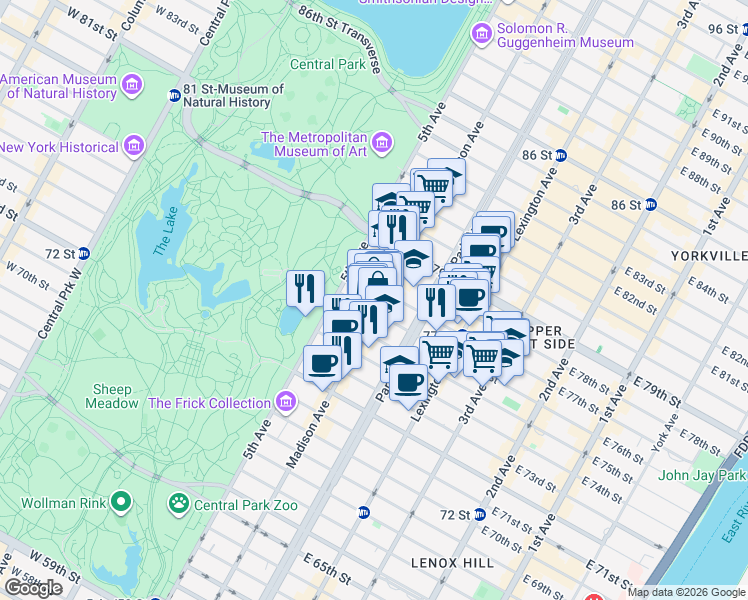 map of restaurants, bars, coffee shops, grocery stores, and more near 974 Madison Avenue in New York