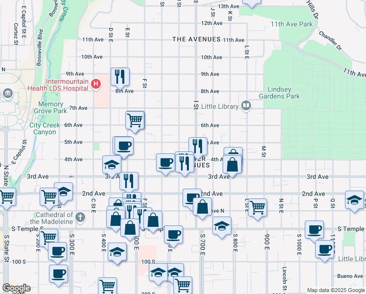 map of restaurants, bars, coffee shops, grocery stores, and more near 218 H Street in Salt Lake City