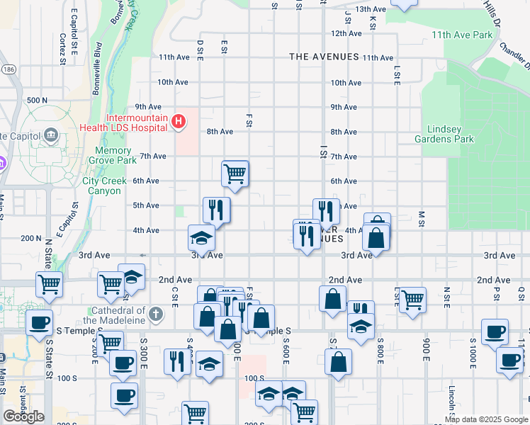 map of restaurants, bars, coffee shops, grocery stores, and more near 224 North G Street in Salt Lake City