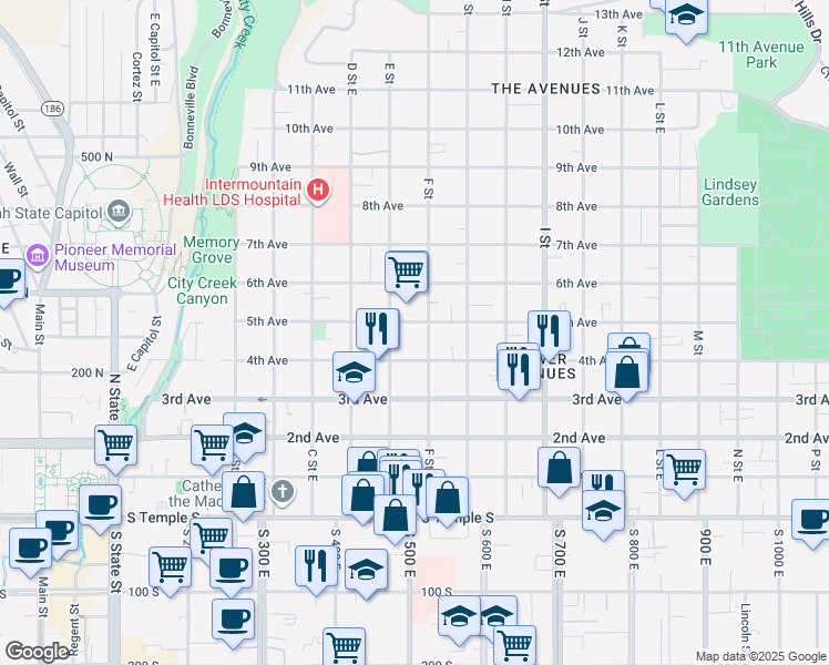 map of restaurants, bars, coffee shops, grocery stores, and more near 213 F Street East in Salt Lake City