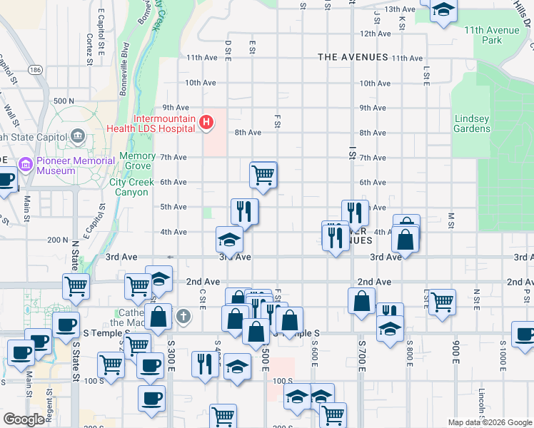 map of restaurants, bars, coffee shops, grocery stores, and more near 213 F Street East in Salt Lake City