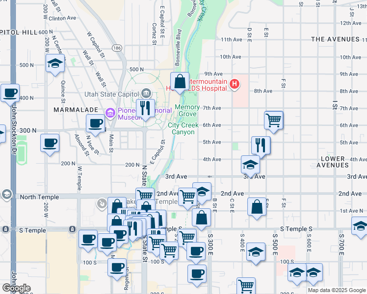 map of restaurants, bars, coffee shops, grocery stores, and more near in Salt Lake City