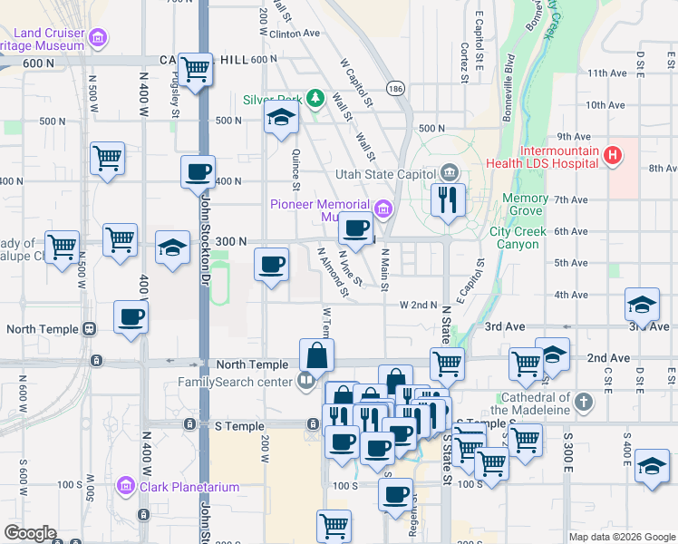 map of restaurants, bars, coffee shops, grocery stores, and more near 226 West Temple in Salt Lake City