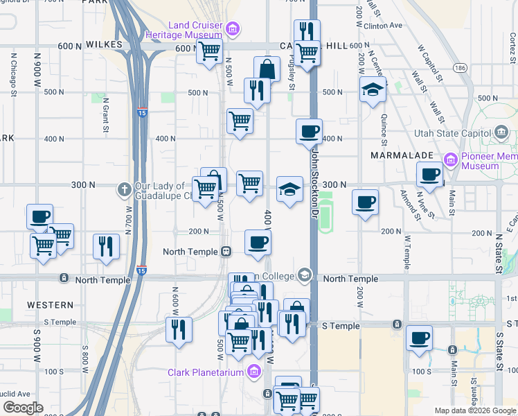 map of restaurants, bars, coffee shops, grocery stores, and more near 255 North 400 West in Salt Lake City