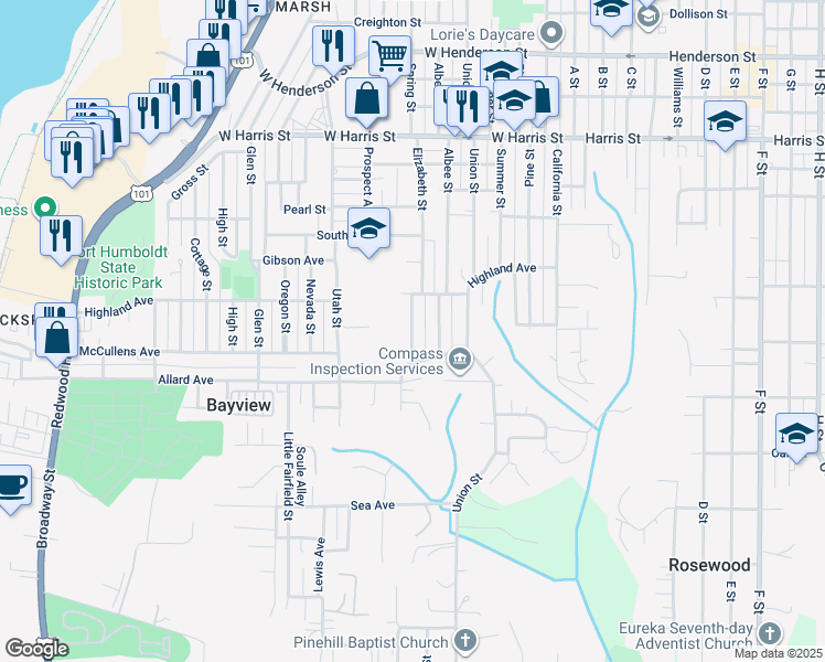 map of restaurants, bars, coffee shops, grocery stores, and more near 3574 Spring Street in Eureka