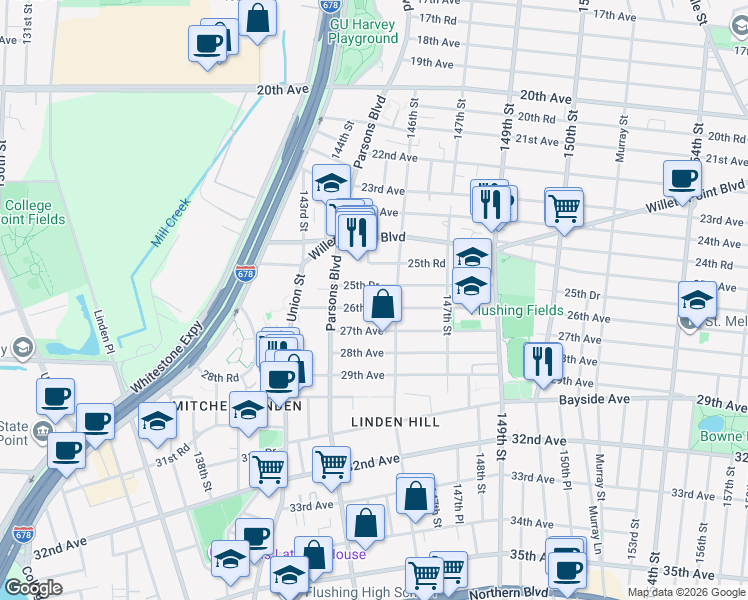 map of restaurants, bars, coffee shops, grocery stores, and more near 144-54 26th Avenue in Queens