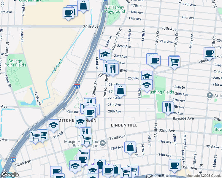 map of restaurants, bars, coffee shops, grocery stores, and more near 144-15 26th Avenue in Queens