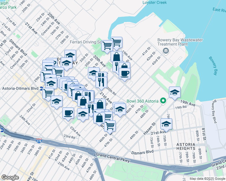 map of restaurants, bars, coffee shops, grocery stores, and more near 41-08 20th Road in Queens