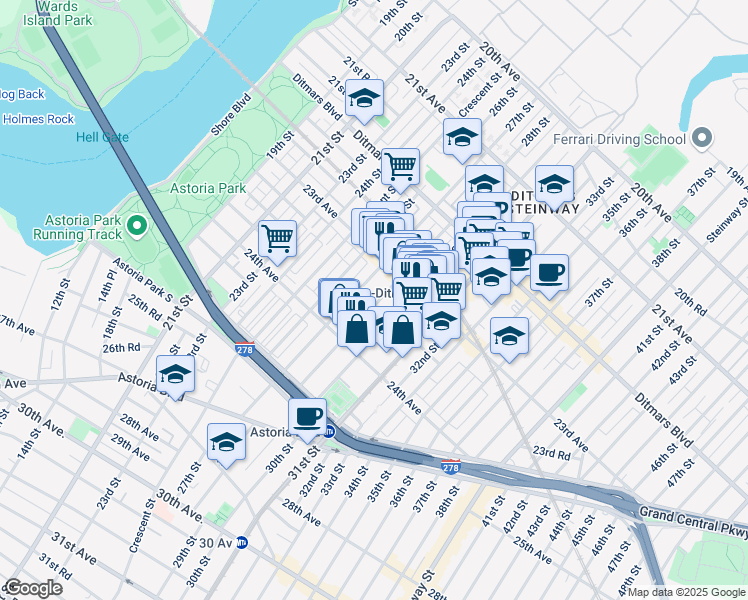 map of restaurants, bars, coffee shops, grocery stores, and more near 23-41 28th Street in Queens