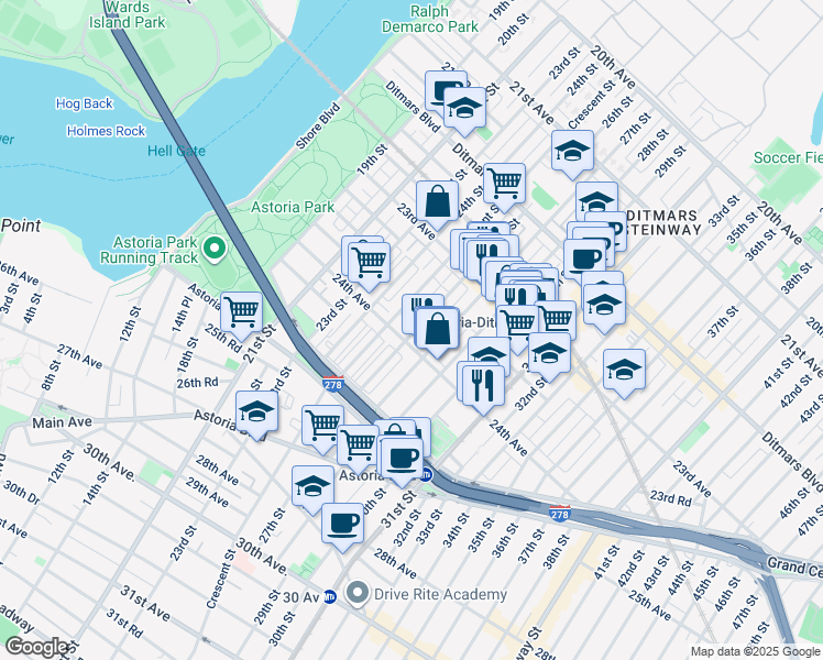map of restaurants, bars, coffee shops, grocery stores, and more near 23-90 26th Street in Queens