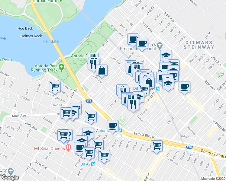 map of restaurants, bars, coffee shops, grocery stores, and more near 23-90 26th Street in Queens